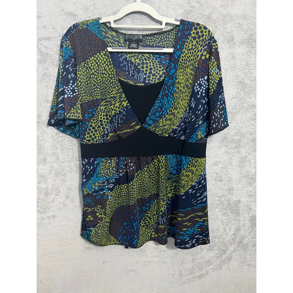 Y2K VTG Babydoll Blouse 1X Green Boho Abstract Office Siren Tie Back